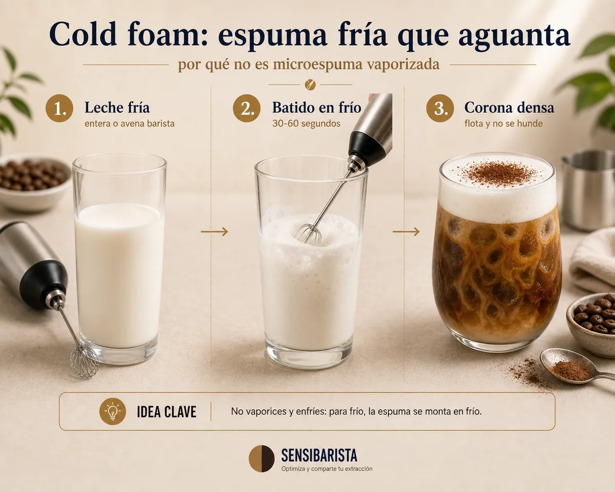 Primer plano cenital de un vaso de cappuccino frío con una gruesa corona de cold foam (espuma fría) blanca y cremosa flotando sobre el café con hielo, con un ligero espolvoreo de cacao en la superficie
