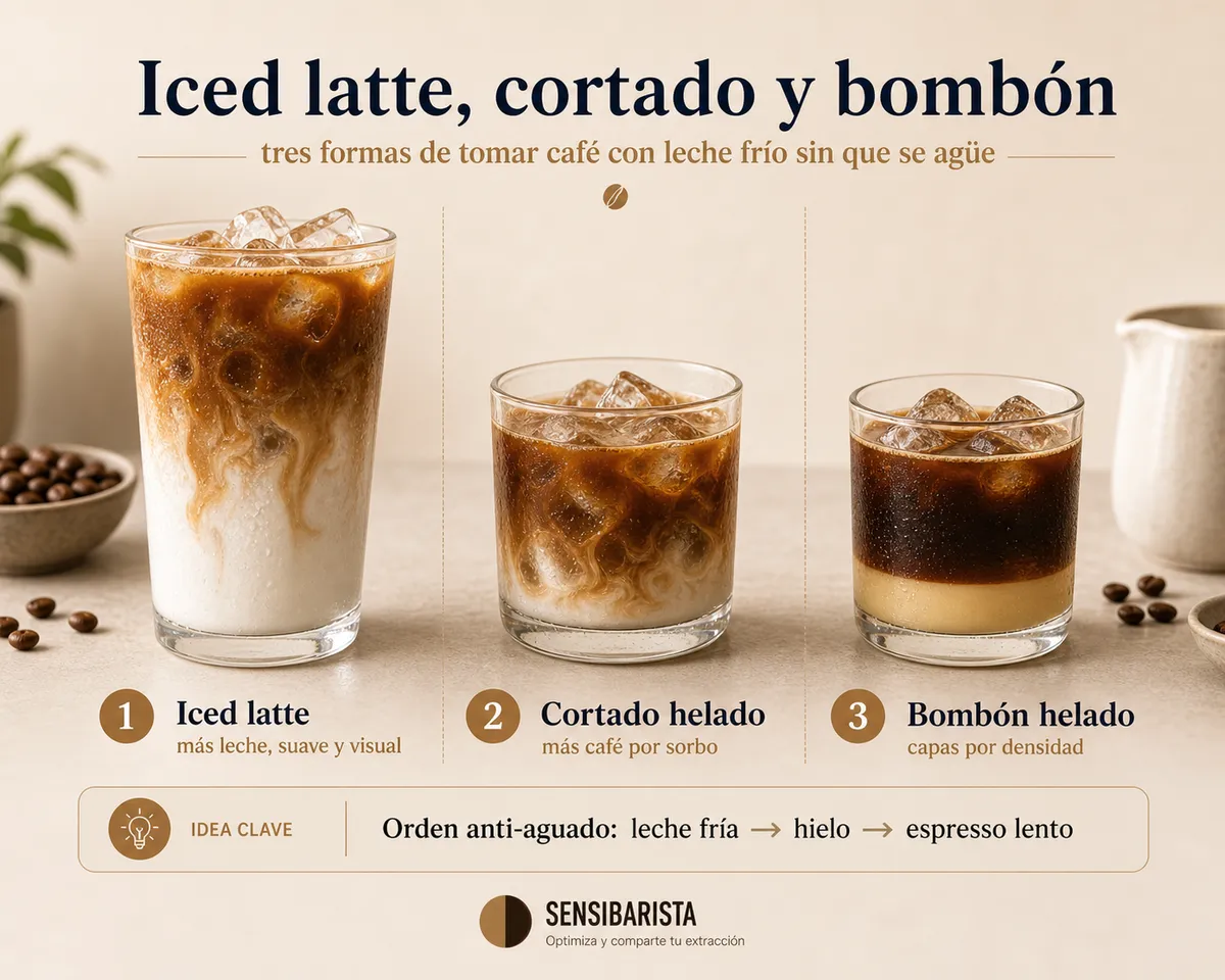 Tres vasos de café con leche frío sobre una mesa de madera clara junto a una ventana — un iced latte alto con capas marrón y blanco, un cortado helado en vaso bajo y un café bombón con franja dorada de leche condensada en el fondo, todos con hielo y condensación en el cristal