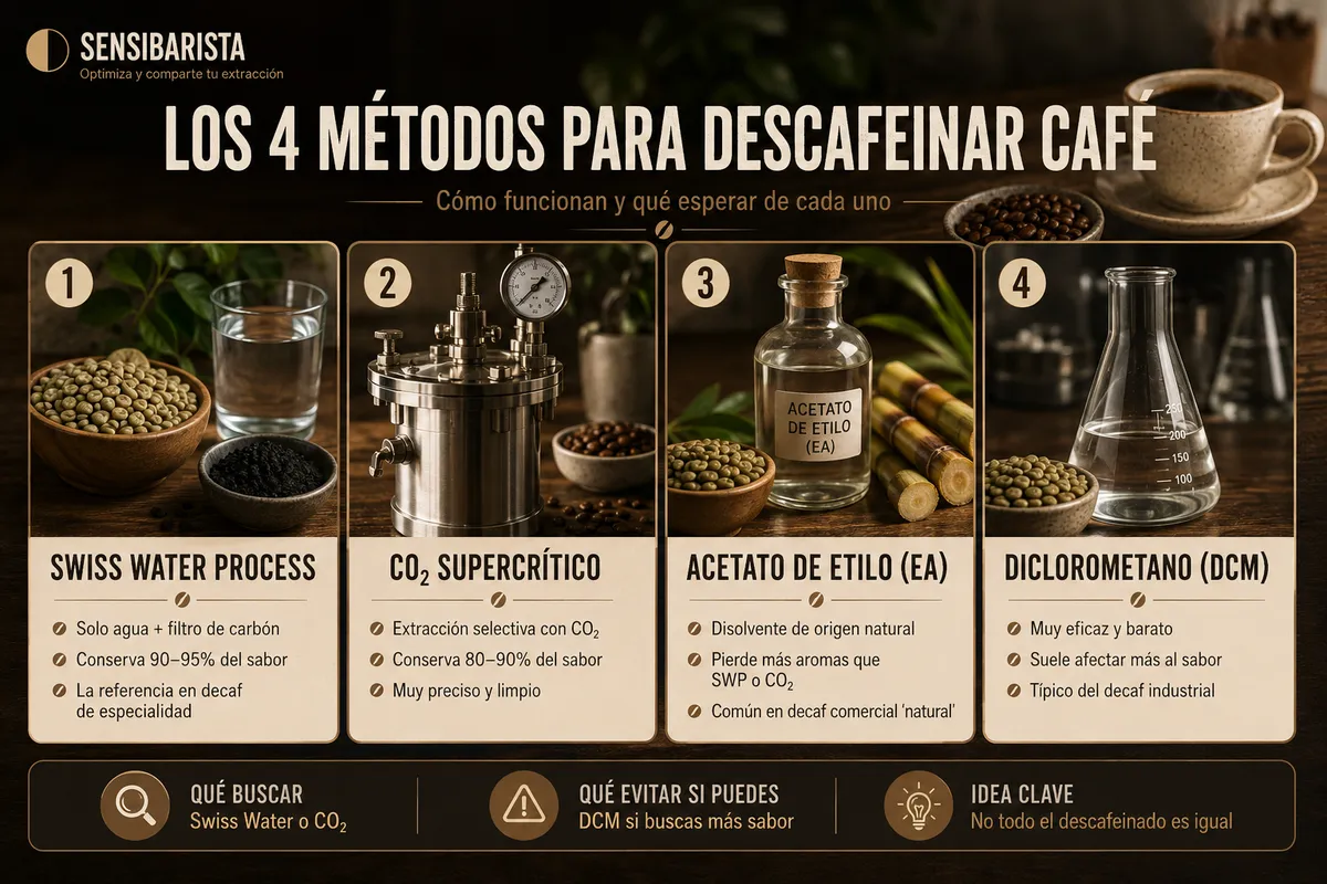 Infografía comparando los 4 métodos de descafeinado del café (diclorometano, acetato de etilo, CO₂ supercrítico y Swiss Water Process) con qué hace cada uno al sabor del café y dónde se encuentra cada uno típicamente