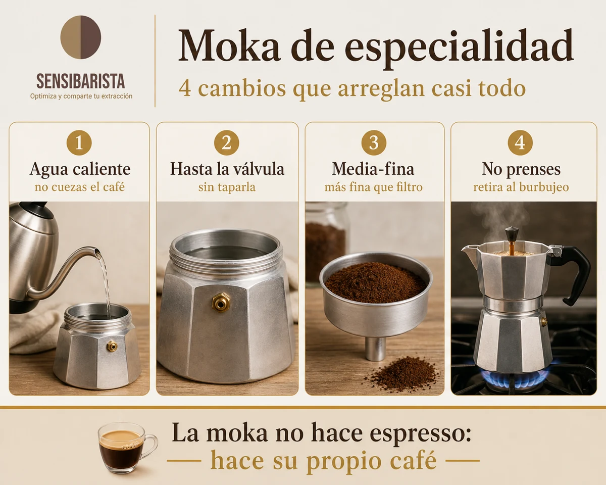 Los cuatro cambios para sacarle café de especialidad a la moka: agua caliente en la caldera para no cocer el café, llenar hasta la válvula sin taparla, molienda media-fina —más fina que para filtro— y no prensar el café, retirándola del fuego en cuanto empieza el burbujeo