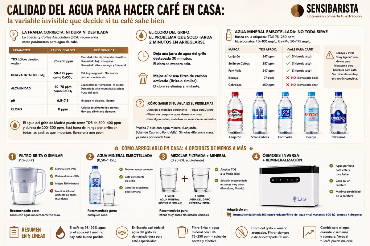 Infografía comparativa de los estándares SCA de calidad de agua para café (TDS, dureza, alcalinidad, pH, cloro) frente al agua del grifo en zonas españolas como Madrid, Barcelona, Valencia y norte cantábrico, y guía visual de qué agua usar según presupuesto