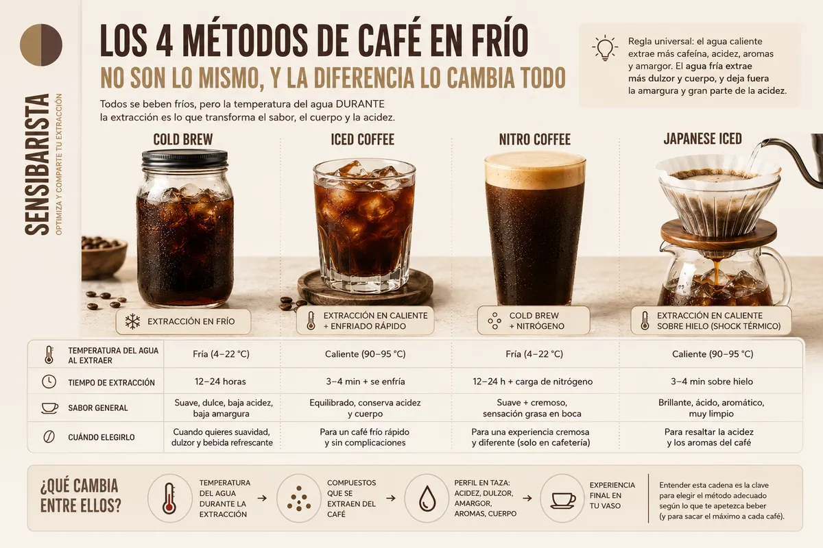 Comparativa visual de los 4 métodos de café en frío — cold brew, iced coffee, nitro coffee y Japanese iced — con sus diferencias en temperatura del agua, tiempo de extracción, sabor general y cuándo elegir cada uno