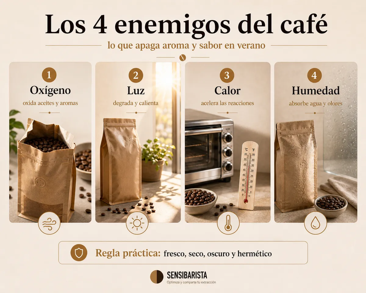 Esquema visual de los cuatro enemigos del café recién tostado — oxígeno, luz, calor y humedad — con iconos de cada factor y cómo aceleran la pérdida de aroma del café en verano