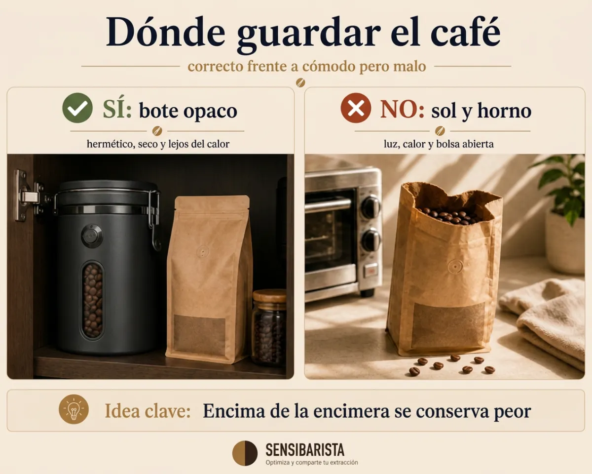 Comparativa de dónde guardar el café en casa — bote hermético opaco en armario fresco frente a bolsa abierta en la encimera al sol y junto al horno — con marcas de correcto e incorrecto