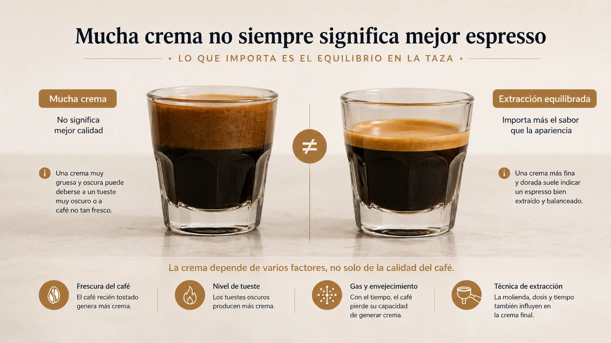 Comparación visual entre tres espressos con distintas cantidades de crema: la cantidad de crema no determina la calidad de la extracción
