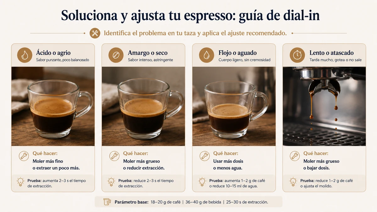 Guía visual de ajustes según el problema del espresso: ácido y rápido, amargo y lento, mezcla de ácido y amargo, o sin crema