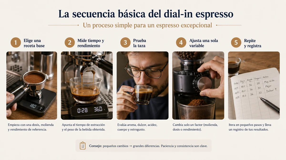 Mapa visual de la secuencia básica del dial-in: definir receta de partida, pesar dosis, distribuir y prensar, sacar el primer shot y ajustar la molienda