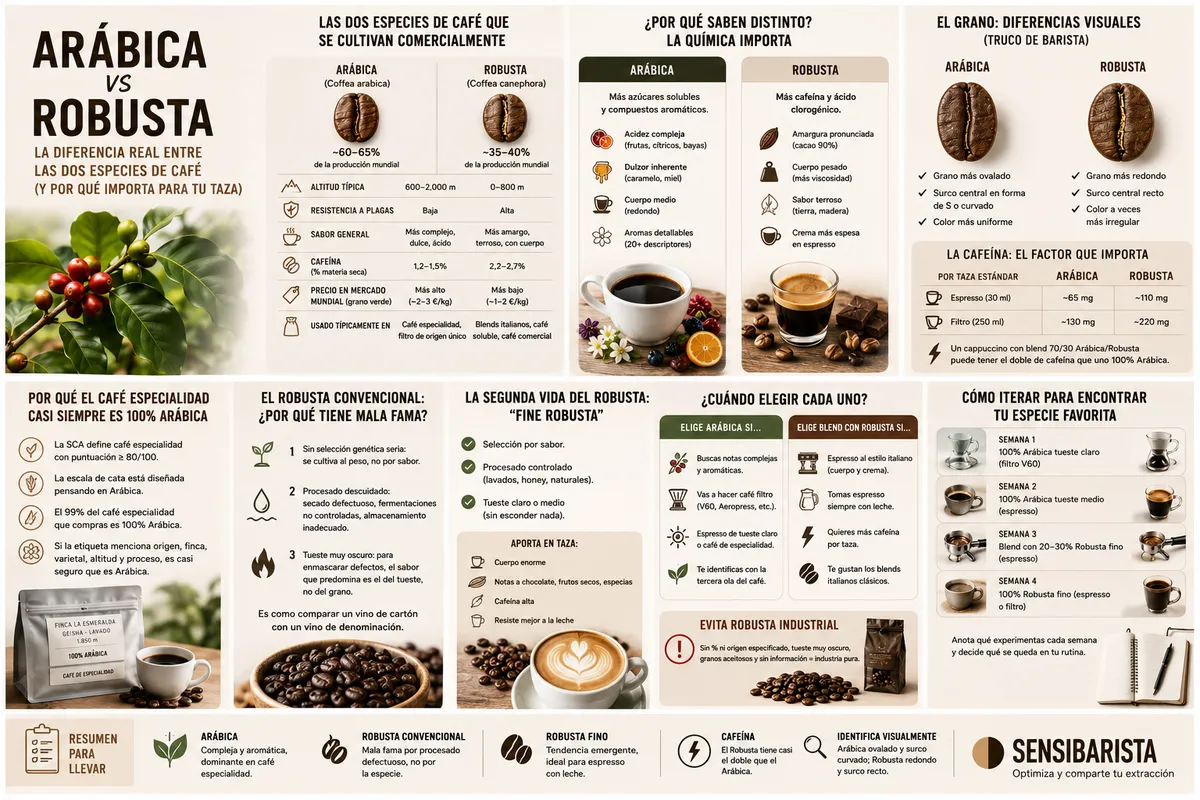 Infografía visual comparando granos de Arábica y Robusta con sus diferencias clave: altitud de cultivo, sabor, cafeína (1,2-1,5% vs 2,2-2,7%) y uso típico (especialidad y filtro vs blends, espresso y soluble)