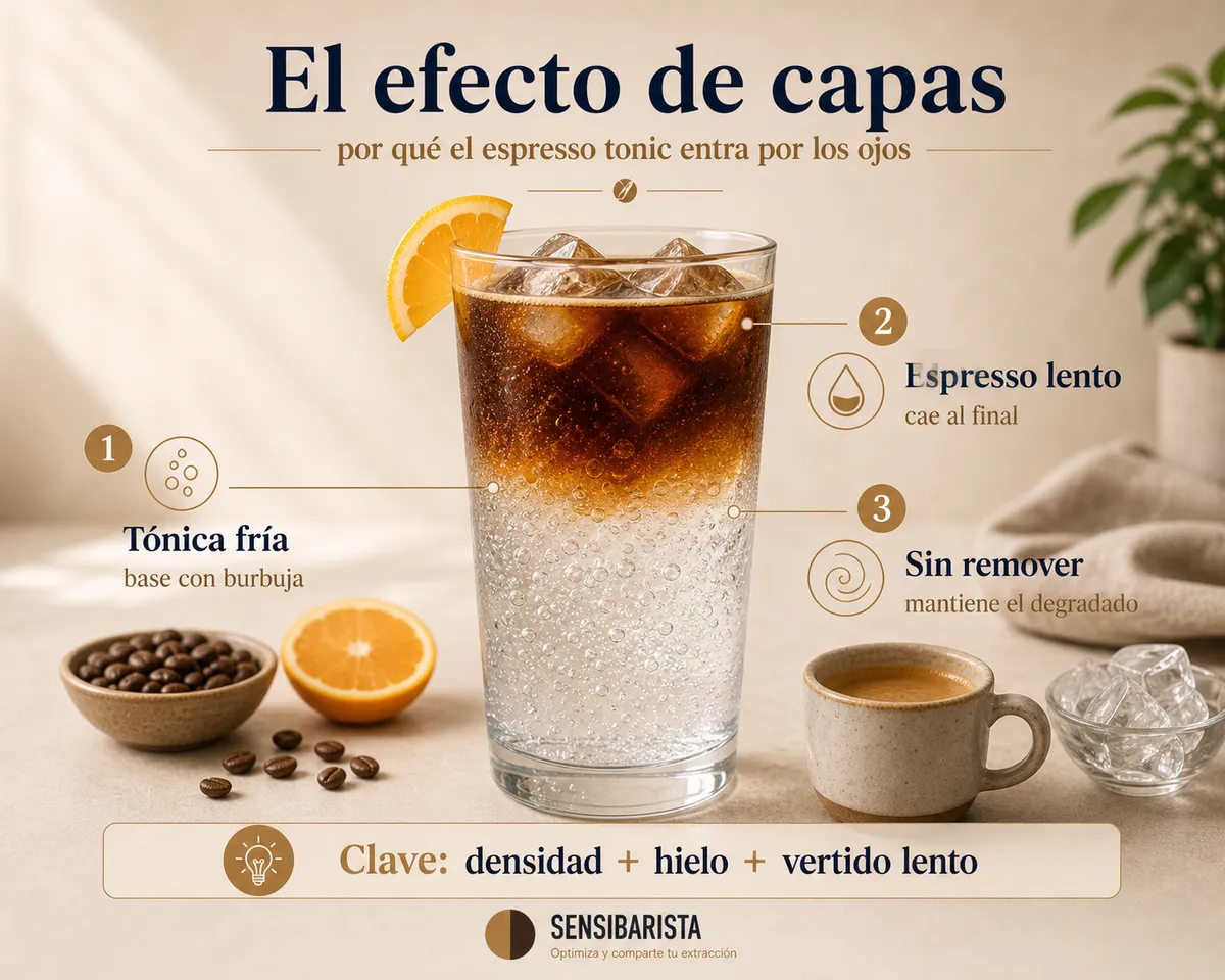 Vaso alto de espresso tonic recién servido con el efecto de capas: el degradado marrón del espresso cayendo despacio sobre el agua tónica burbujeante y el hielo, fotografiado a contraluz sobre fondo claro