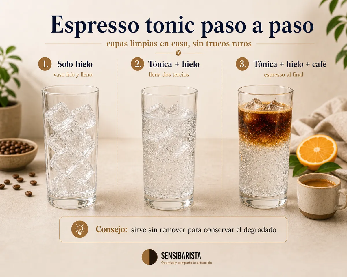 Secuencia del vertido del espresso tonic paso a paso: vaso lleno de hielo, agua tónica servida hasta dos tercios y el espresso cayendo lento sobre el dorso de una cuchara para crear las capas