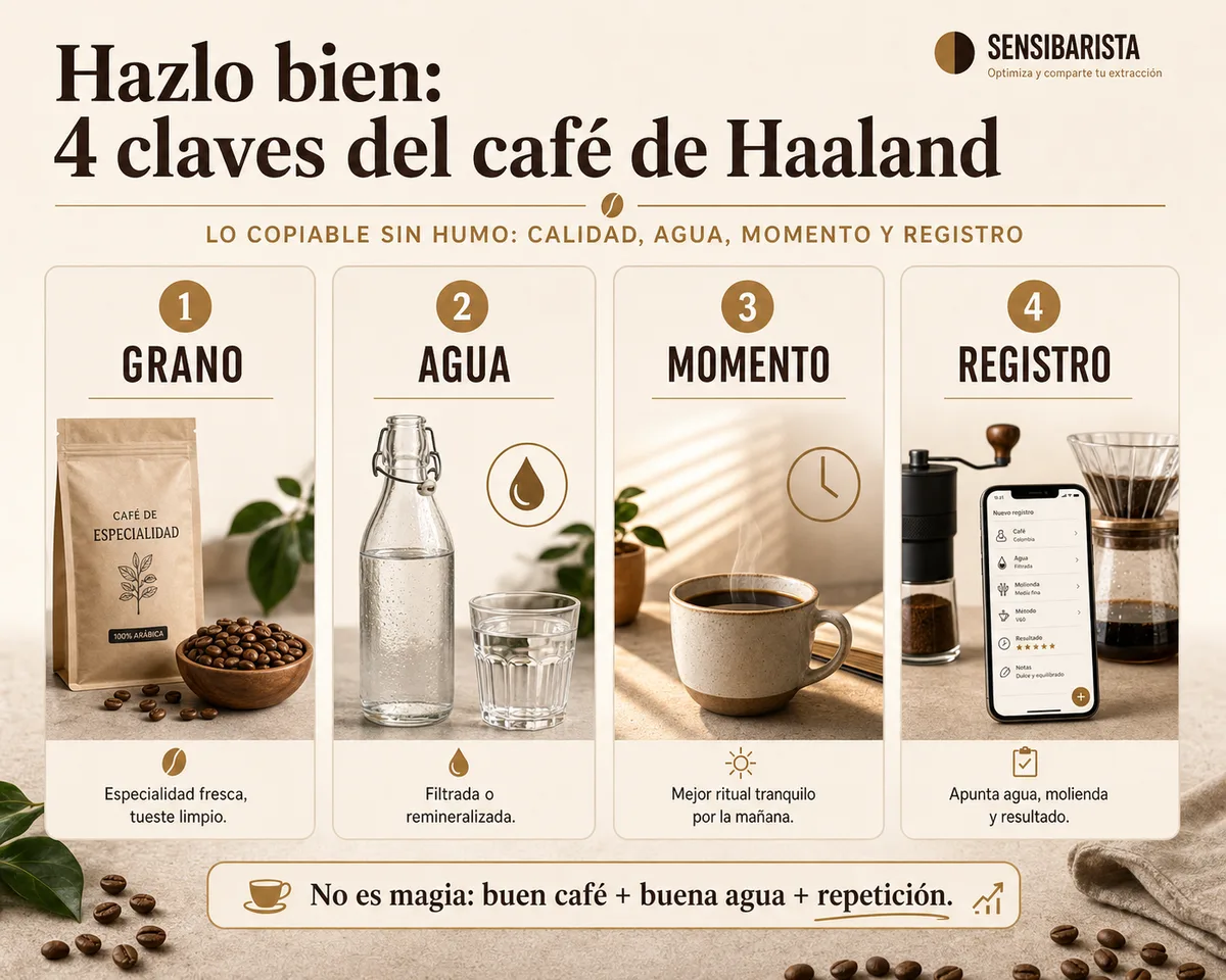 Infografía «Hazlo bien: 4 claves del café de Haaland»: grano de especialidad fresco, agua filtrada o remineralizada, el mejor momento (un ritual tranquilo por la mañana) y registrar cada café — con la idea de que no es magia, sino buen café más buena agua más repetición
