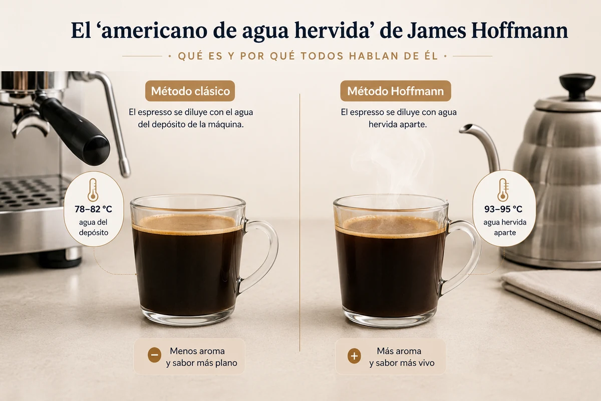 Comparativa entre el método clásico (agua del depósito de la cafetera) y el método Hoffmann (agua hervida aparte) para preparar un café americano