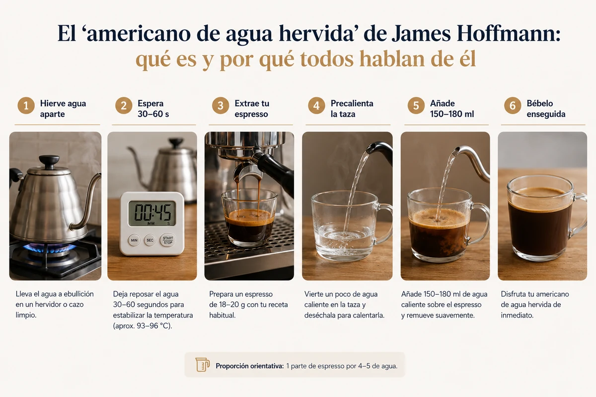Paso a paso del americano de agua hervida: hervir agua aparte, esperar 30-60 segundos, extraer el espresso, verter sobre el espresso en una taza caliente