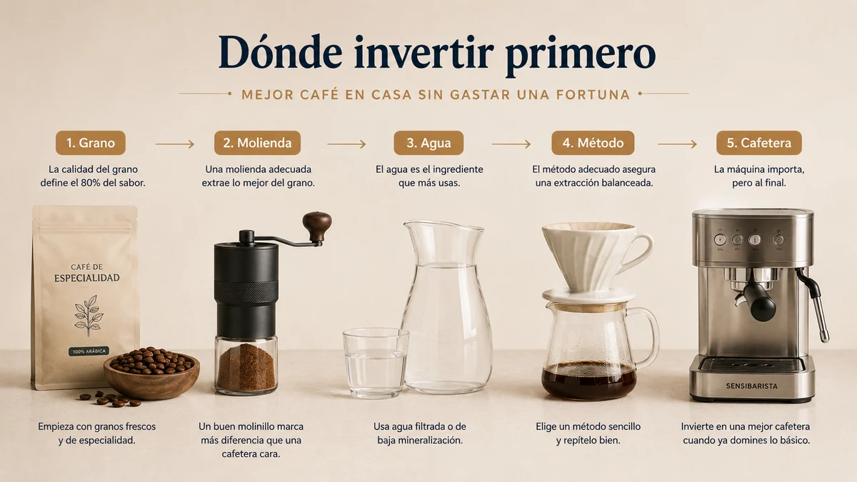 Orden de impacto al invertir en café en casa: primero el grano, luego la molienda, el agua, el método y por último la cafetera