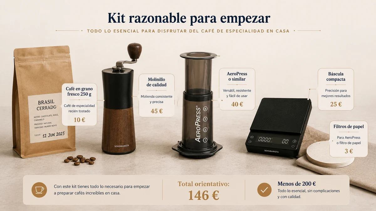 Kit razonable para empezar con café especialidad en casa por menos de 150 euros: café de tostador local, molinillo manual, Aeropress, báscula y filtros