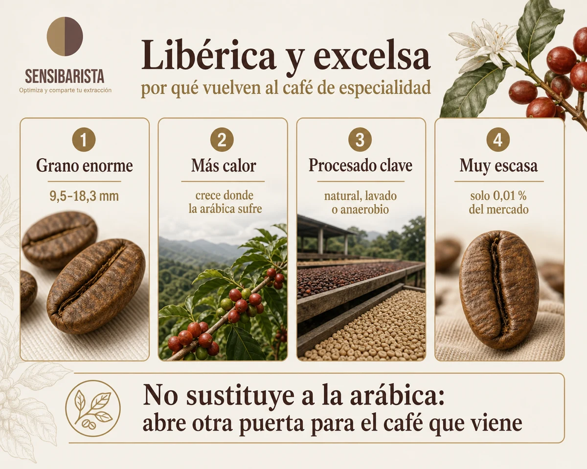 Cuatro claves del grupo de la libérica: el grano de la libérica llega a 18,3 mm, tolera más calor y crece donde la arábica sufre, el procesado (natural, lavado o anaerobio) es determinante, y entre libérica y excelsa suman solo el 0,01 % del mercado