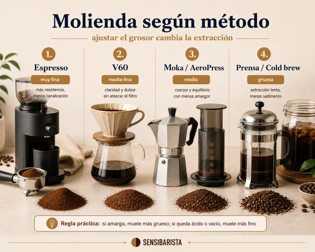 Tabla visual de la molienda según el método de preparación: espresso muy fino, V60 medio-fino, moka y AeroPress medio, y prensa francesa o cold brew grueso, con la regla práctica de moler más grueso si el café amarga y más fino si queda ácido o aguado