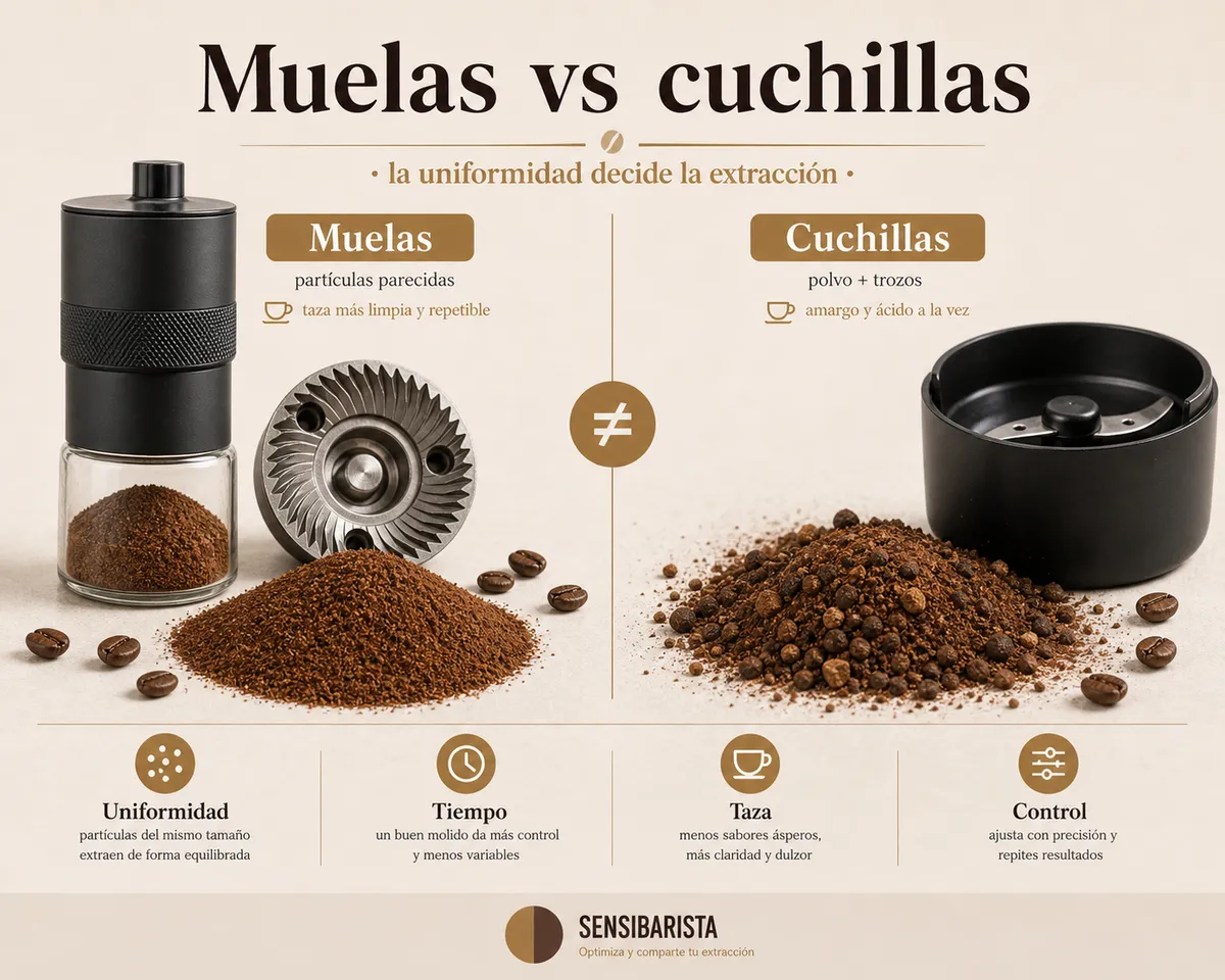 Comparación visual entre una molienda uniforme de un molinillo de muelas y una molienda irregular de un molinillo de cuchillas, mostrando partículas de tamaño parejo frente a una mezcla de polvo fino y trozos grandes sobre fondo claro
