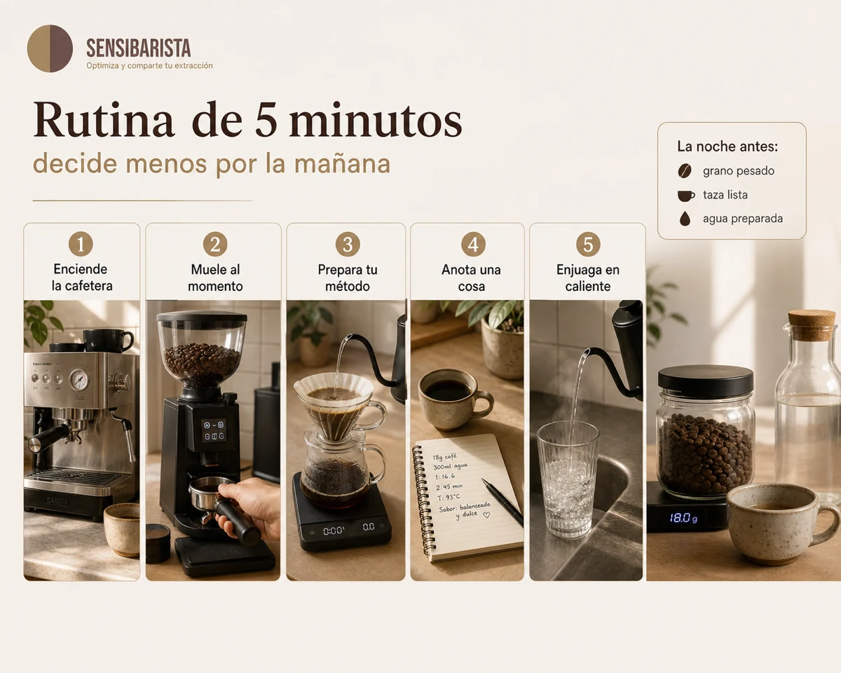 Los cinco pasos de la rutina de café de cinco minutos: encender la cafetera, moler al momento, preparar con tu método, anotar una sola cosa y enjuagar en caliente; más lo que conviene dejar hecho la noche antes: el grano pesado, la taza lista y el agua preparada