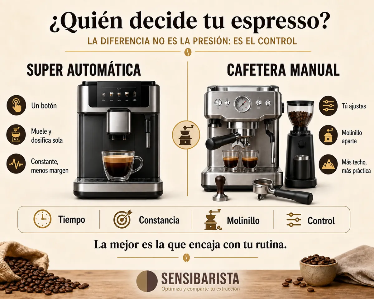 Comparativa entre una cafetera superautomática y una manual de portafiltro con molinillo aparte: la superautomática funciona con un botón, muele y dosifica sola y es constante; con la manual ajustas tú, eliges el molinillo por separado y tienes más techo de calidad