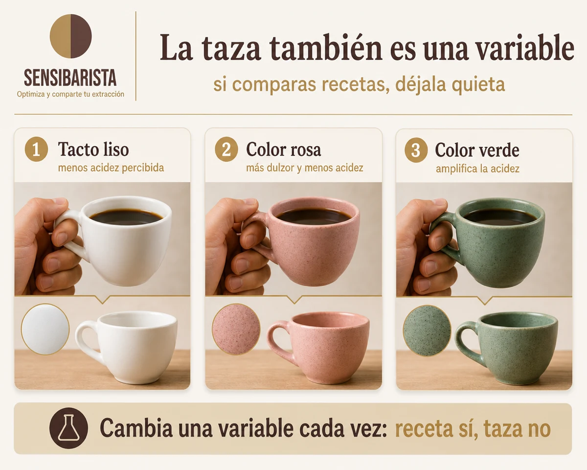 La taza como variable: el tacto liso reduce la acidez percibida, la taza rosa aporta más dulzor y menos acidez, y la verde amplifica la acidez. Si comparas recetas, cambia una variable cada vez: la receta sí, la taza siempre la misma