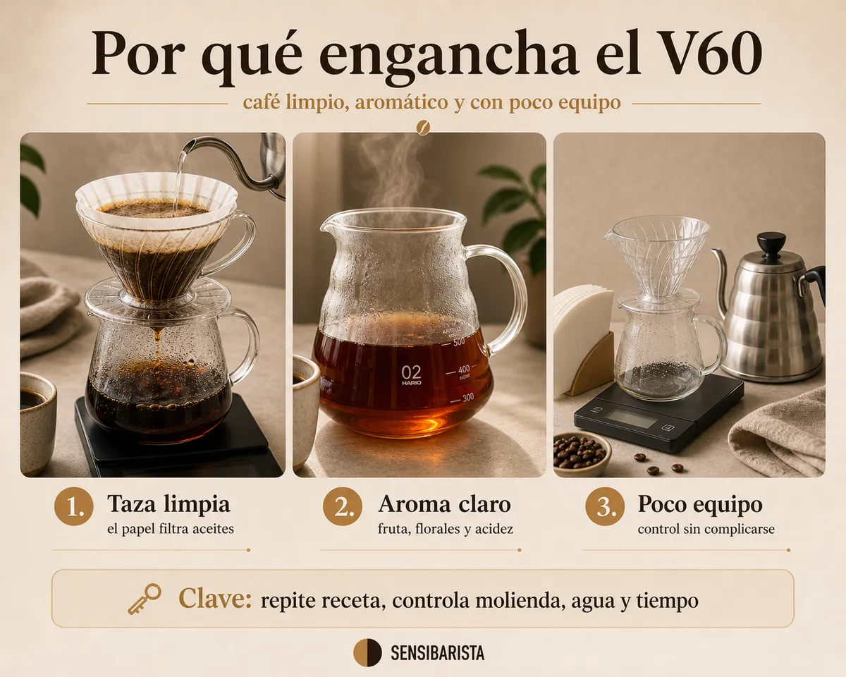 Taza de café filtrado recién hecho con V60 sobre una jarra de cristal, mostrando el color limpio y transparente característico del pour over, con vapor saliendo y el cono Hario rojo encima