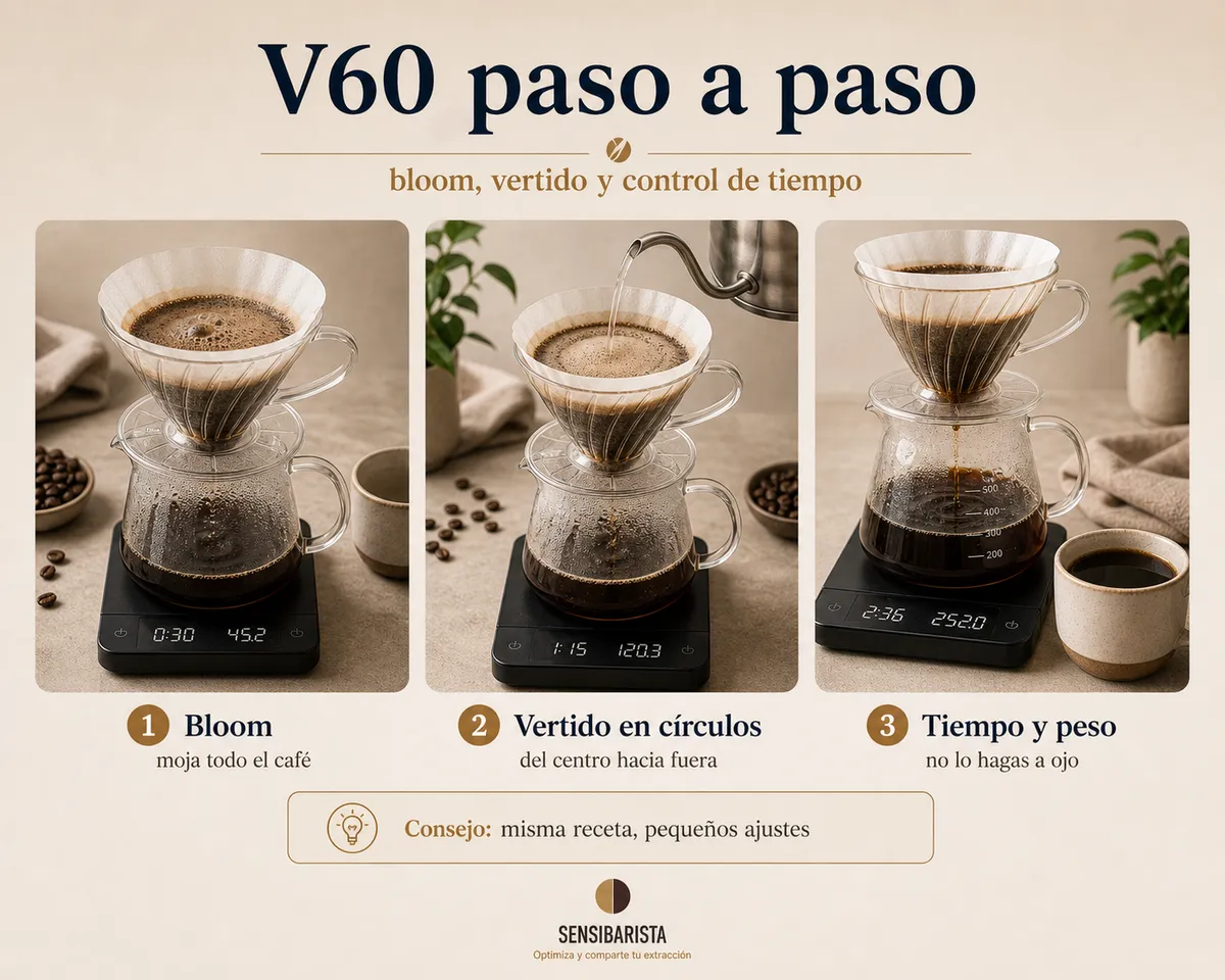 Secuencia del vertido de un V60 en círculos del centro hacia el borde con un hervidor de cuello de cisne, mostrando la cama de café nivelada y la báscula con timer marcando los gramos de agua